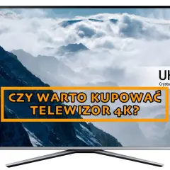 Telewizor UHD TV z napisem "Czy warto kupować telewizor 4K?". Obraz w **4k rozdzielczość** ukazuje górzysty krajobraz.