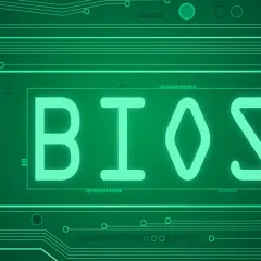 Zielone linie obwodu drukowanego tworzą tło dla neonowego napisu BIOS.