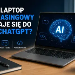 Laptop z ekranem wyświetlającym mózg AI i ikonę czatu. Tekst pyta: "Jaki laptop poleasingowy nadaje się do AI i ChatGPT?". Idealny do pracy z aplikacją AI.