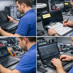 Technik przeprowadza pc health check, analizując kod na laptopie i wypełniając dokumentację.