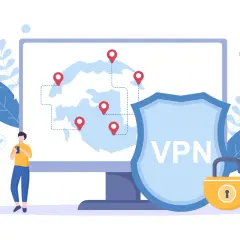 Człowiek z telefonem, mapa z pinezkami, tarcza z napisem VPN i kłódka symbolizują bezpieczeństwo w sieci, idealne dla vpn na telefon.