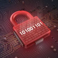 Czerwona kłódka z kodem binarnym symbolizuje silny firewall chroniący obwody drukowane.