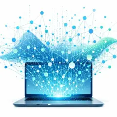 Laptop z siecią neuronową, symbolizującą zaawansowany tryb AI, rozprzestrzeniającą się w przestrzeni.