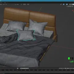 Model łóżka w programie Blender, z widocznymi siatkami i ustawieniami renderowania.