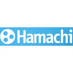 Logo Hamachi z trzema białymi kropkami w okręgu i napisem "Hamachi" na niebieskim tle.