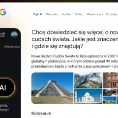 Interfejs wyszukiwarki Google z aktywnym "Tryb AI". Widoczna jest grafika z pytaniem o nowe cuda świata i ich lokalizację.