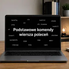 Laptop wyświetla listę podstawowych komend wiersza poleceń, w tym `ipconfig`, `ping`, `cls`, `dir`, `tasklist`, `chkdsk`, `sfc /scannow`, `taskkill`, `cd`, `tracert`, `systeminfo`, `shutdown`, `DISM`, `copy`, `mkdir`, `robocopy`, `help`, `rmdir`.
