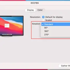 Ustawienia ekranu pokazują, jak obrócić ekran w laptopie. Dostępne opcje to Standard, 90°, 180° i 270°.