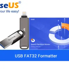 Pendrive'y i grafika z podziałem dysku. Narzędzie EaseUS Partition Master do formatowania USB w FAT32.