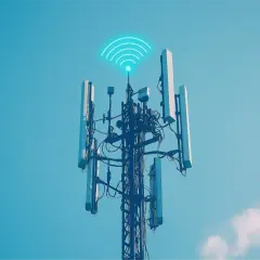 Wieża telekomunikacyjna z antenami, symbolizująca zasięg internetu radiowego.