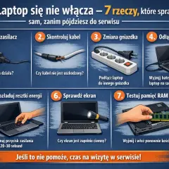 Laptop nie chce się włączyć? Sprawdź zasilacz, kabel, gniazdko, baterię, rozładuj energię, ekran i RAM. Jeśli to nie pomoże, czas na serwis.