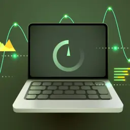 Laptop z ikoną ładowania na ekranie, otoczony wykresami i danymi. Symbolizuje czyszczenie komputera i optymalizację jego działania.
