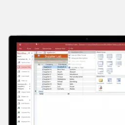 Widok listy dostawców w programie **ms access**. Widoczne kolumny: ID, Firma, Imię, Nazwisko.
