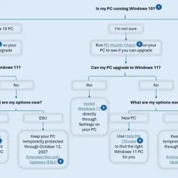 Schemat decyzyjny Windows: sprawdź, czy możesz uaktualnić system do Windows 11. Jeśli nie, rozważ opcję ESU dla Windows 10.