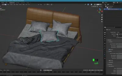 Model łóżka w programie Blender, z widocznymi siatkami i ustawieniami renderowania.