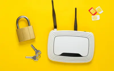 Router z antenkami, kłódka z kluczami i karty SIM symbolizują bezpieczny internet na kartę do routera.