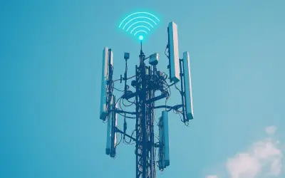 Wieża telekomunikacyjna z antenami, symbolizująca zasięg internetu radiowego.