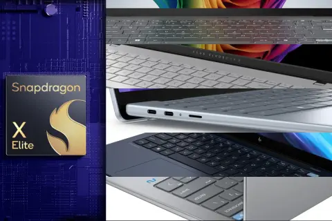 Logo Snapdragon X Elite obok klawiatur laptopów. Nowa era wydajności.