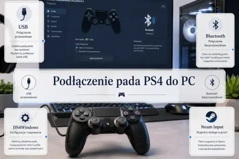 Jak podłączyć pada PS4 do PC: USB przewodowo dla stabilności, Bluetooth bezprzewodowo dla swobody. DS4Windows i Steam Input ułatwiają konfigurację.