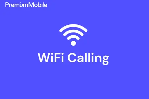 Logo PremiumMobile i ikona Wi-Fi. Dowiedz się, jak włączyć Wi-Fi Calling, aby dzwonić przez sieć bezprzewodową.