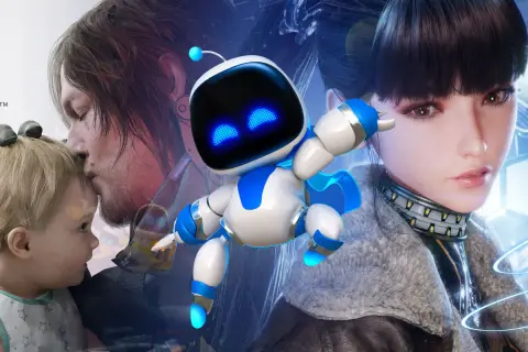 Astro Bot, bohater wielu fajnych gier na PS5, otoczony postaciami z gier.