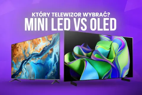 Który telewizor wybrać? Mini LED czy OLED? Dwa ekrany prezentują abstrakcyjne obrazy, zachęcając do porównania technologii.
