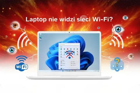 Laptop nie widzi sieci Wi-Fi? Na ekranie okno z ikoną przekreślonego Wi-Fi, wokół migające oczy i sygnały sieci.