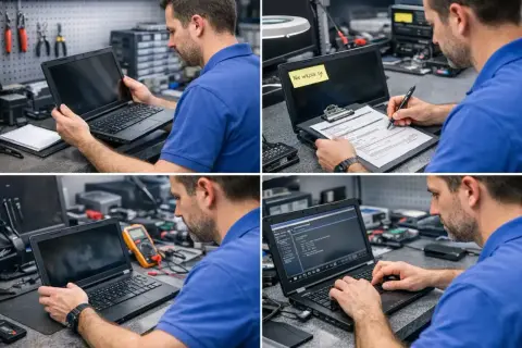Technik przeprowadza pc health check, analizując kod na laptopie i wypełniając dokumentację.