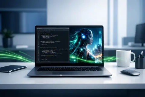 Laptop z kodem i portretem kobiety, symbolizującym halucynacje AI. Zielone linie energii oplatają ekran.