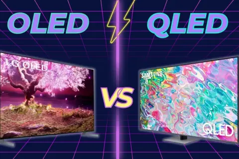OLED vs QLED: telewizor LG OLED z kwitnącym drzewem kontra Samsung QLED z abstrakcyjnym obrazem. Który wybrać?