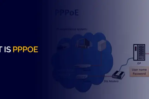 Schemat połączenia internetowego z wykorzystaniem PPPoE. Widoczny router, modem DSL, ISP i dostęp do Internetu.
