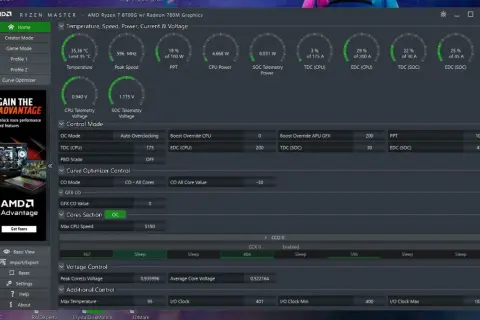 Ryzen Master pokazuje parametry procesora: temperaturę, napięcie, taktowanie i pobór mocy. Umożliwia też kontrolę nad podkręcaniem.