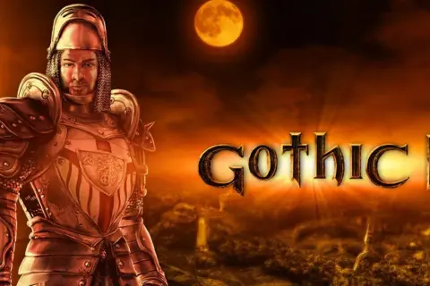 Rycerz w zbroi pod pełnią księżyca, obok napis Gothic II. Szukasz ułatwień w grze? Sprawdź gothic 2 kody!