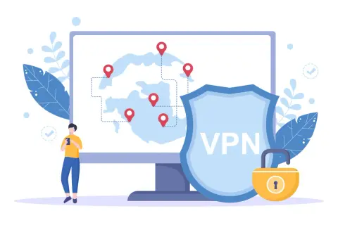 Człowiek z telefonem, mapa z pinezkami, tarcza z napisem VPN i kłódka symbolizują bezpieczeństwo w sieci, idealne dla vpn na telefon.