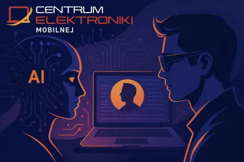 Centrum Elektroniki Mobilnej oferuje sztuczna inteligencja za darmo. Grafika przedstawia profil AI i człowieka patrzących na siebie nawzajem.