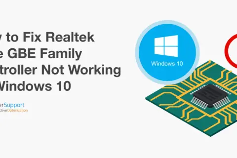 Naprawa kontrolera sieci Realtek PCIe GBE Family na Windows 10. Ikona Windows 10 i symbol błędu.