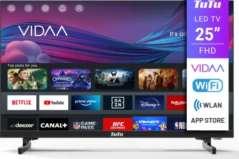 Telewizor 25" FHD z systemem vidaa, oferujący dostęp do Netflix, YouTube, Prime Video i wielu innych aplikacji.