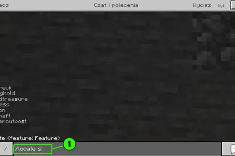 Wpisujesz komendy Minecraft, szukając np. stronghold. Widzisz listę struktur: shipwreck, stronghold, buriedtreasure, fortress, mansion, mineshaft, pillageroutpost, ruins.