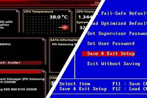 Ekran BIOS-u, pokazujący temperaturę CPU i opcje takie jak "Save & Exit Setup". To kluczowy krok, gdy zastanawiasz się, jak zaktualizować BIOS.