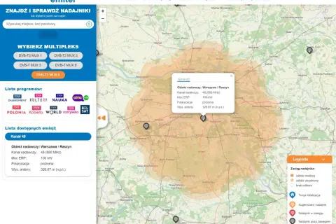 Mapa pokazuje zasięg nadajnika naziemnej telewizji cyfrowej. Widoczny jest obiekt nadawczy Warszawa/Raszyn, kanał 48, moc 100 kW.