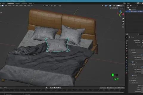 Model łóżka w programie Blender, z widocznymi siatkami i ustawieniami renderowania.