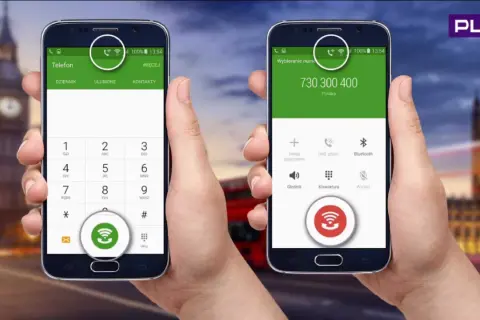 Dwa telefony z ikoną wifi calling play. Jeden pokazuje klawiaturę, drugi numer do wybrania.