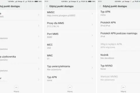 Ustawienia sieci komórkowej: nazwa "Plus MMS", APN "mms", protokół APN IPv4/IPv6, APN włączono.