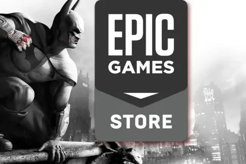 Batman na dachu, obok logo Epic Games Store. Sprawdź darmowe gry Epic Games!
