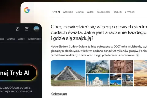 Interfejs wyszukiwarki Google z aktywnym "Tryb AI". Widoczna jest grafika z pytaniem o nowe cuda świata i ich lokalizację.