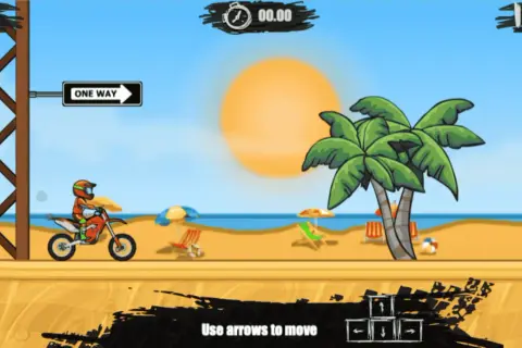 Motocyklista na plaży, gra dla dzieci, idealna do gry bez internetu. Sterowanie strzałkami.