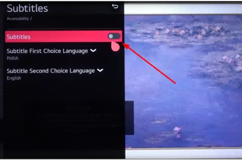 Menu telewizora: jak wyłączyć napisy. Przełącznik "Napisy" jest włączony.
