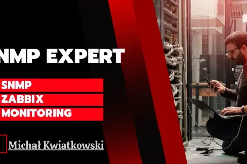 Michał Kwiatkowski, SNMP EXPERT, zajmuje się monitoringiem sieci z wykorzystaniem Zabbix. W tle serwerownia.