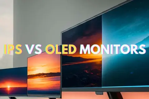 Porównanie monitorów IPS vs OLED: cztery ekrany z zachodzącym słońcem i nocnym niebem, podkreślające różnice w jakości obrazu.