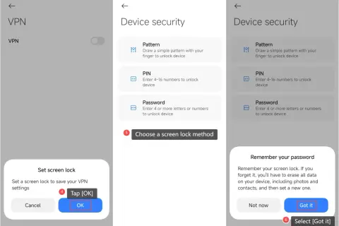 Ustawianie blokady ekranu dla bezpieczeństwa VPN na Androidzie. Wybierz metodę blokady, np. PIN.